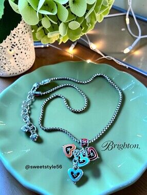 BRIGHTON "Vienna Hearts" Enamel And Silver Charm Necklace TIMELESS CHIC!